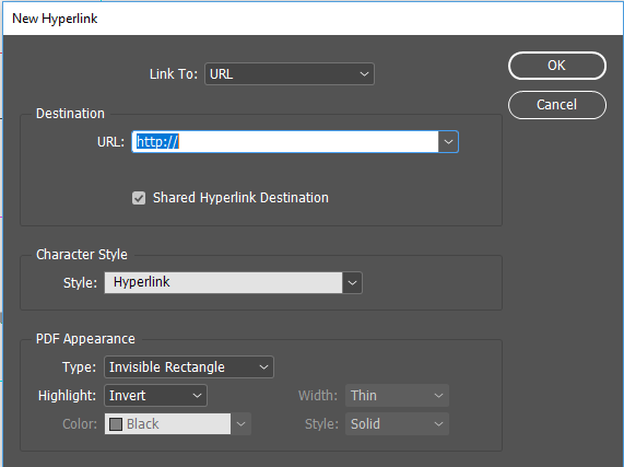 InDesign Hyperlinks window